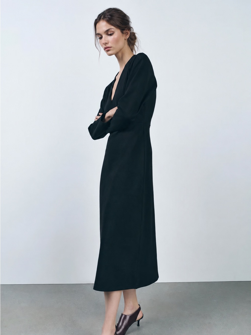 ZARA Interlock Midi Dress Black Size S NWT V Neck Long Sleeve Fit Flare